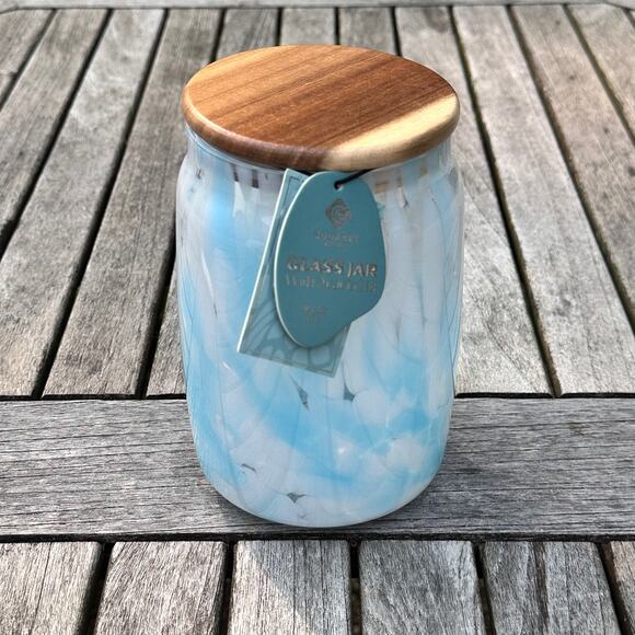Murano Light Pastel Blue Confetti Glass Jar with Acacia Lid BPA Free Storage New - Picture 1 of 12